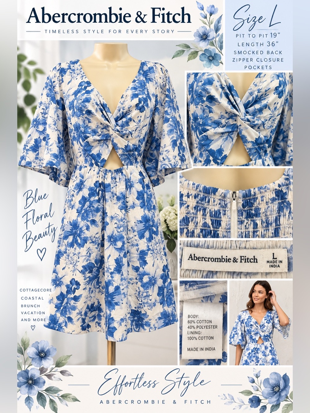 Abercrombie & Fitch Blue White Floral Cutout Mini Dress Size L Smocked Back